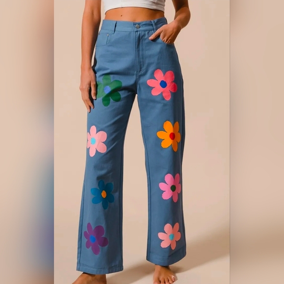 BiBi Blue Boot-Cut Pants with Multicolor Flower Motifs - Picture 4 of 12